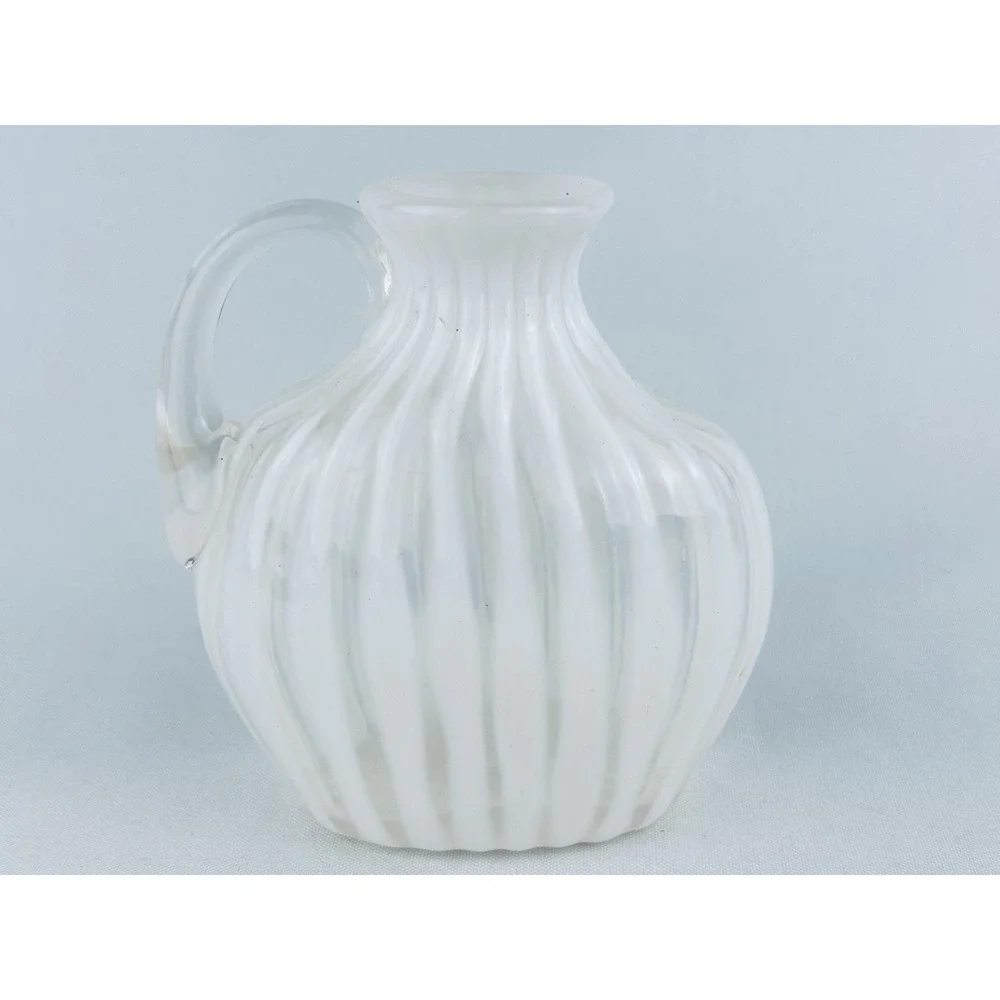 Vintage White Opalescent Swirl Glass Bottle Vase Pitcher Ribbon Hand Blown